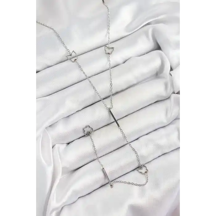 316L Çelik Kelebek Figürlü Y Model Gümüş Renk Kadın Kolye