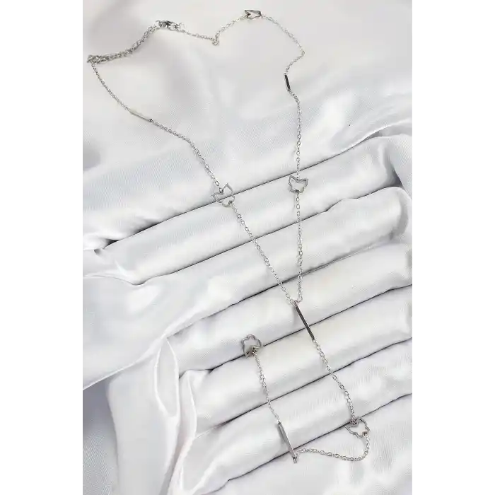 316L Çelik Kelebek Figürlü Y Model Gümüş Renk Kadın Kolye