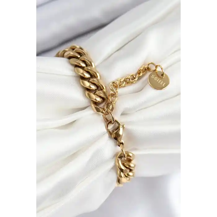 316L Çelik Klasik Kalın Zincir Model Gold Renk Kadın Bileklik