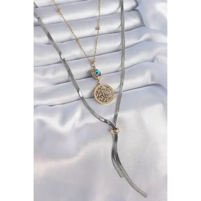 316L Çelik Mix Renk Filiz Figür Nazar Boncuk Detay Uzun Kadın Kolye