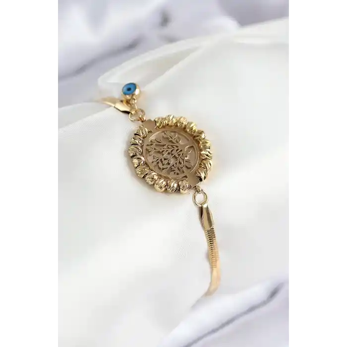 316L Çelik Nazar Boncuk Detaylı Hayat Ağacı Model İtalyan Zincir Gold Renk Kadın Bileklik