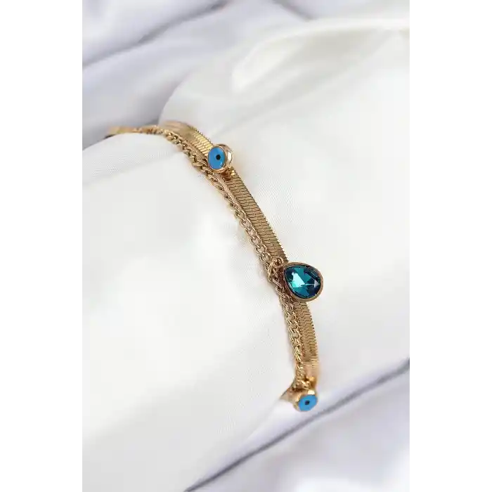 316L Çelik Nazar Boncuk Detaylı Mavi Zirkon Taşlı Model İtalyan Zincir Gold Renk Kadın Bileklik