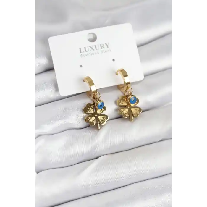 316L Çelik Nazarlı Yonca Model Kadın Küpe