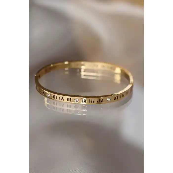 316L Çelik Roma Rakamlı Gold Renk Bilezik Kelepçe