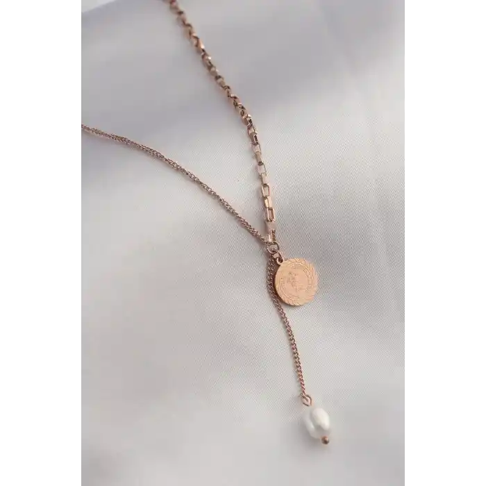 316L Çelik Rose Renk İşlemeli Sallantılı Kadın Kolye