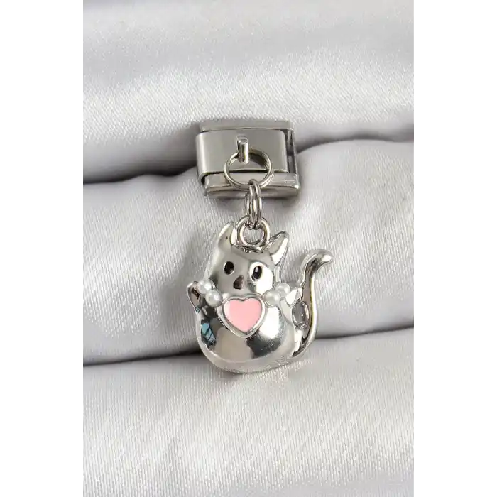 316L Çelik Sallantılı Kalp Detaylı Kedi Model Gümüş Renk Nomination Charm