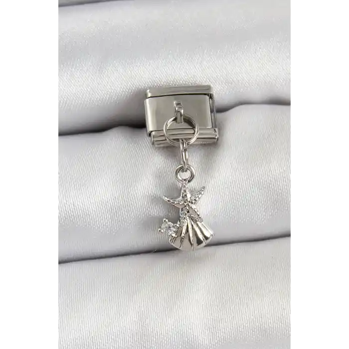 316L Çelik Sallantılı Zirkon Taşlı Deniz Yıldızı Ve İstiridye Model Gümüş Renk Nomination Charm