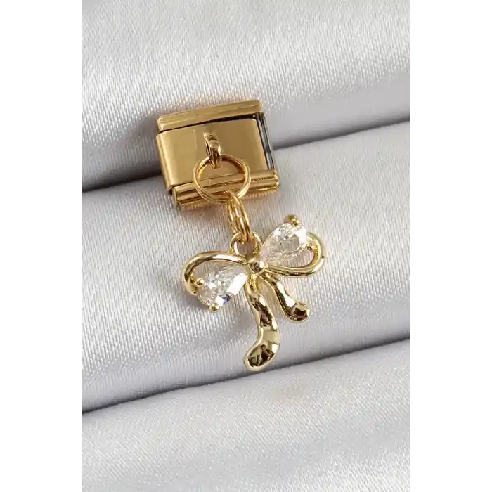 316L Çelik Sallantılı Zirkon Taşlı Fiyonk Model Gold Renk Nomination Charm