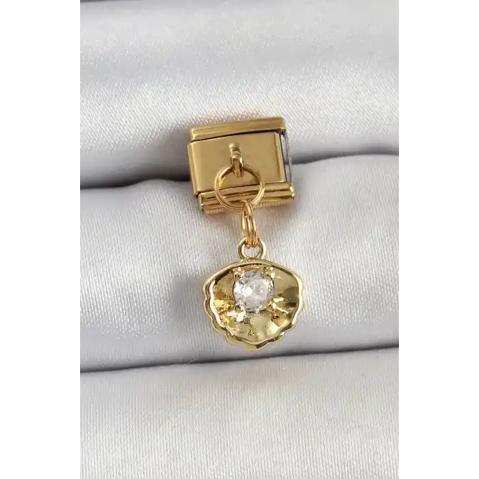 316L Çelik Sallantılı Zirkon Taşlı İstiridye Model Gold Renk Nomination Charm
