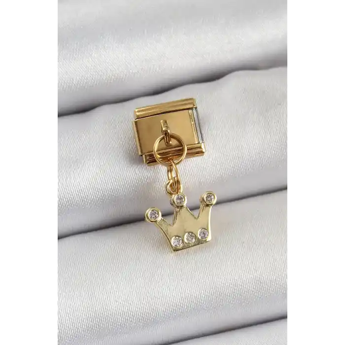 316L Çelik Sallantılı Zirkon Taşlı Kraliçe Tacı Model Gold Renk Nomination Charm