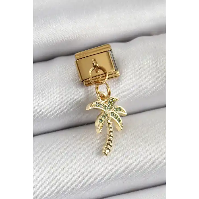 316L Çelik Sallantılı Zirkon Taşlı Palmiye Ağacı Model Gold Renk Nomination Charm