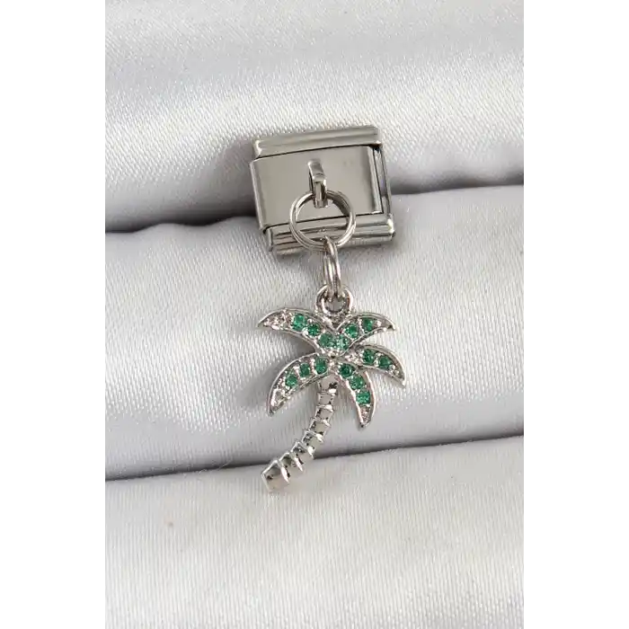 316L Çelik Sallantılı Zirkon Taşlı Palmiye Ağacı Model Gümüş Renk Nomination Charm