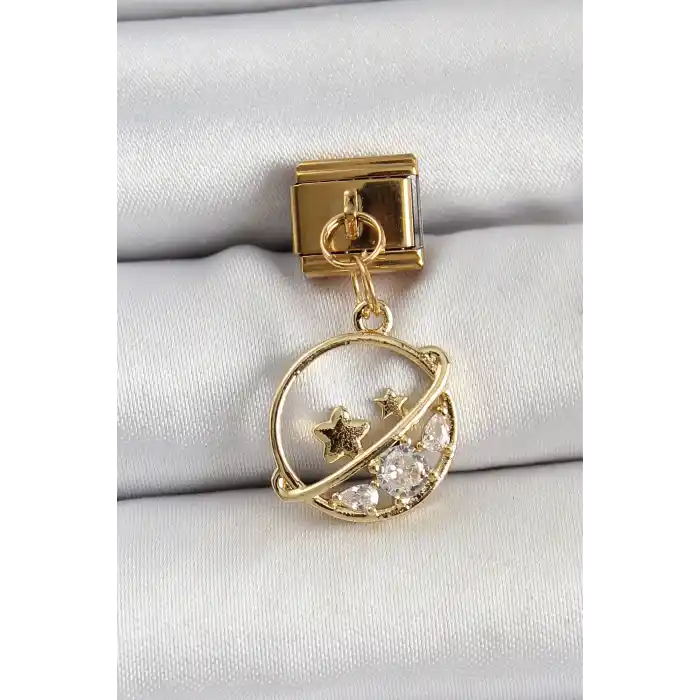316L Çelik Sallantılı Zirkon Taşlı Satürn Model Gold Renk Nomination Charm