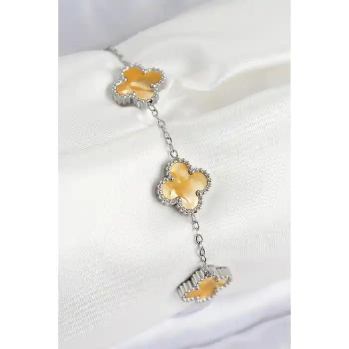 316L Çelik Sedefli Kehribar Sarı Gümüş Renk Yonca Kadın Bileklik