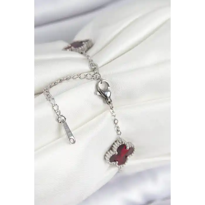 316L Çelik Sedefli Kırmızı Gümüş Renk Yonca Kadın Bileklik