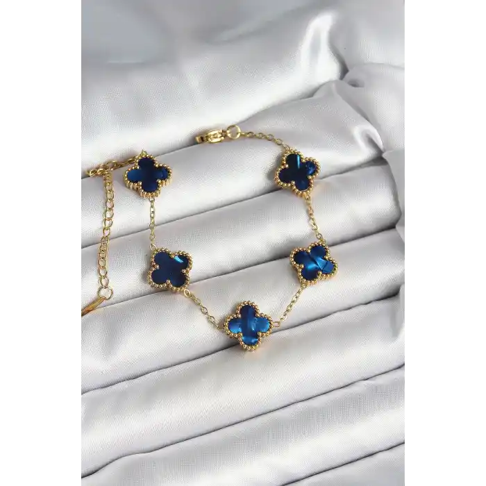 316L Çelik Sedefli Lacivert Gold Renk Yonca Kadın Bileklik