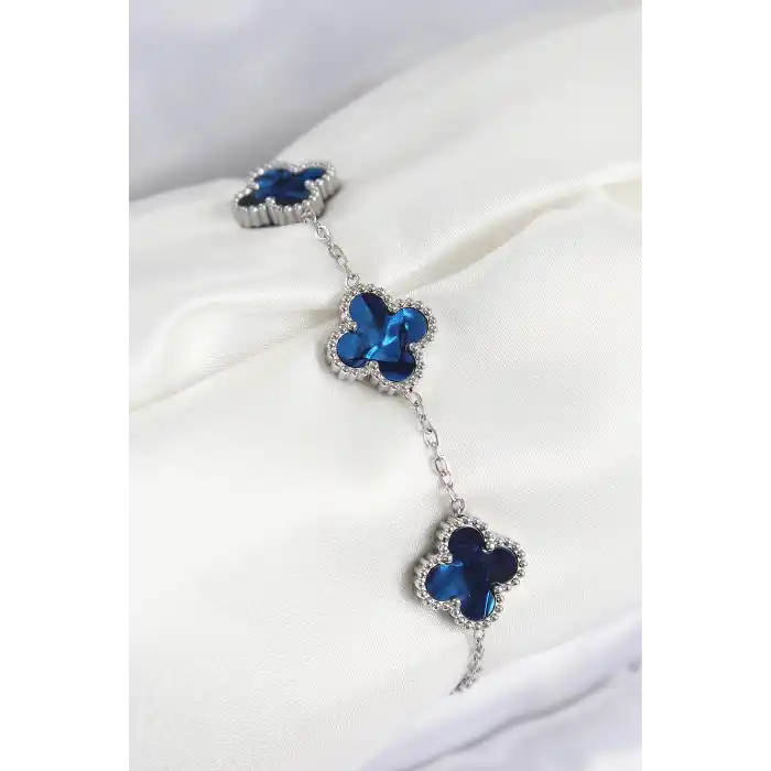 316L Çelik Sedefli Lacivert Gümüş Renk Yonca Kadın Bileklik