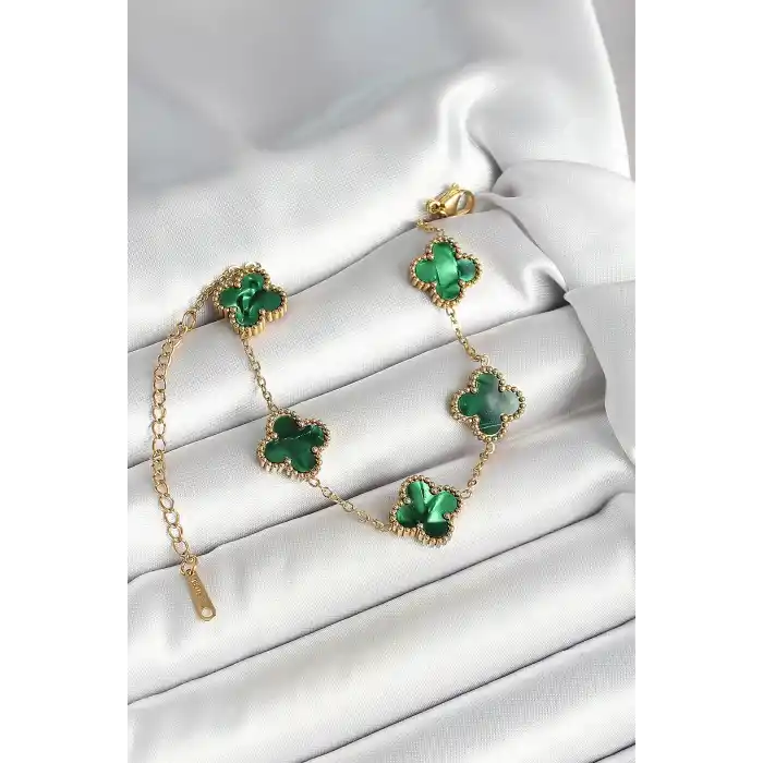 316L Çelik Sedefli Zümrüt Yeşil Gold Renk Yonca Kadın Bileklik