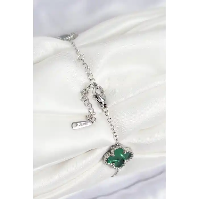 316L Çelik Sedefli Zümrüt Yeşil Gümüş Renk Yonca Kadın Bileklik