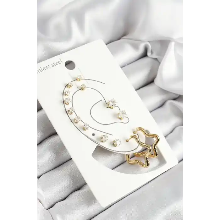 316L Çelik Yıldız Figürlü Ve Zirkon Taşlı Gold Renk 7li Çift Kadın Küpe Set