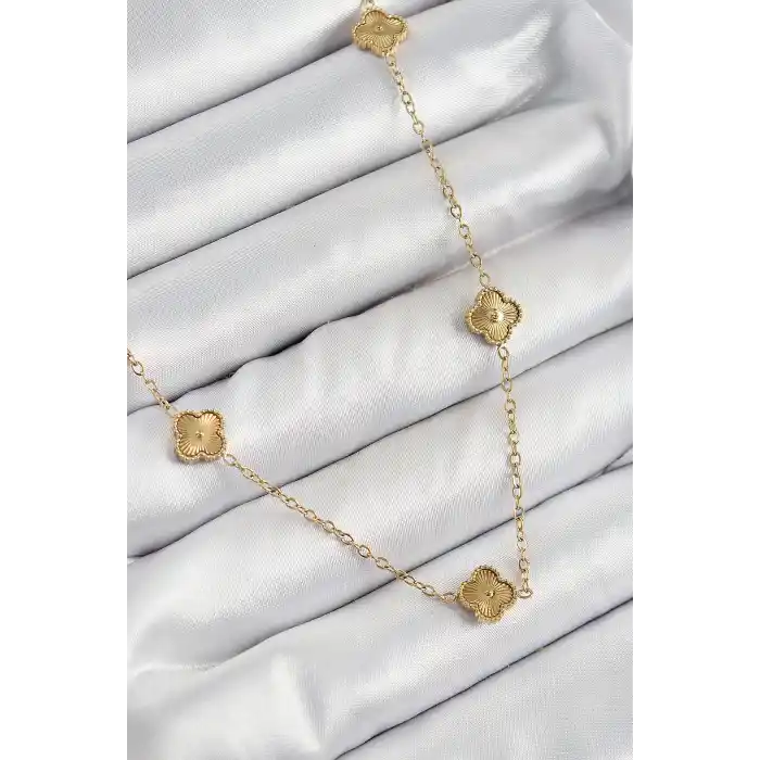 316L Çelik Yonca Model Gold Renk Kadın Kolye