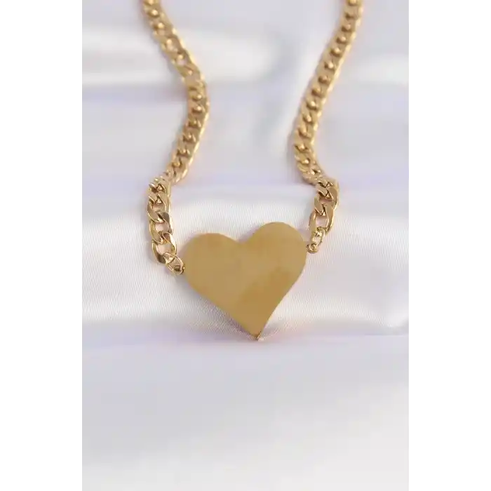 316L Çelik Zincir Altın Renk Düz Plaka Kalp Kolye