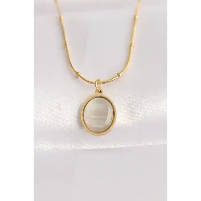 316L Çelik Zincir Altın Renk Gri Sedefli Oval Figürlü Kolye
