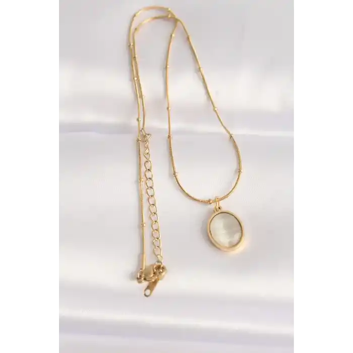 316L Çelik Zincir Altın Renk Gri Sedefli Oval Figürlü Kolye