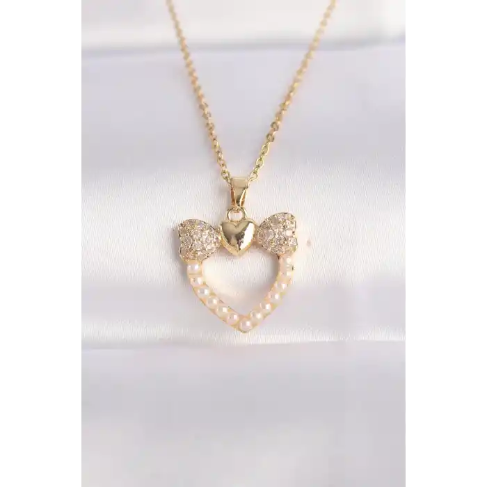 316L Çelik Zincir Altın Renk İnci Taş Detay Zirkon Taşlı Kalp Kolye