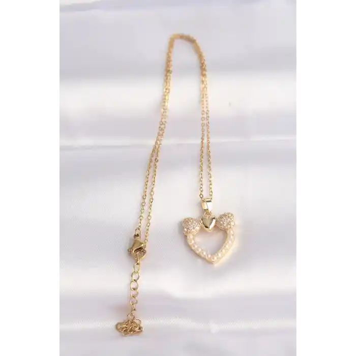 316L Çelik Zincir Altın Renk İnci Taş Detay Zirkon Taşlı Kalp Kolye