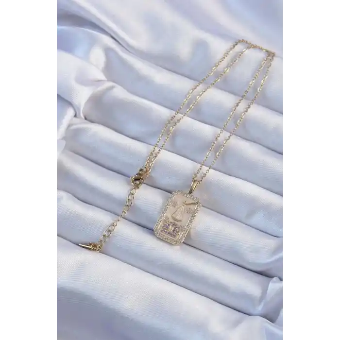 316L Çelik Zincir Altın Renk Lila Zirkon Taşlı Tarot Kolye