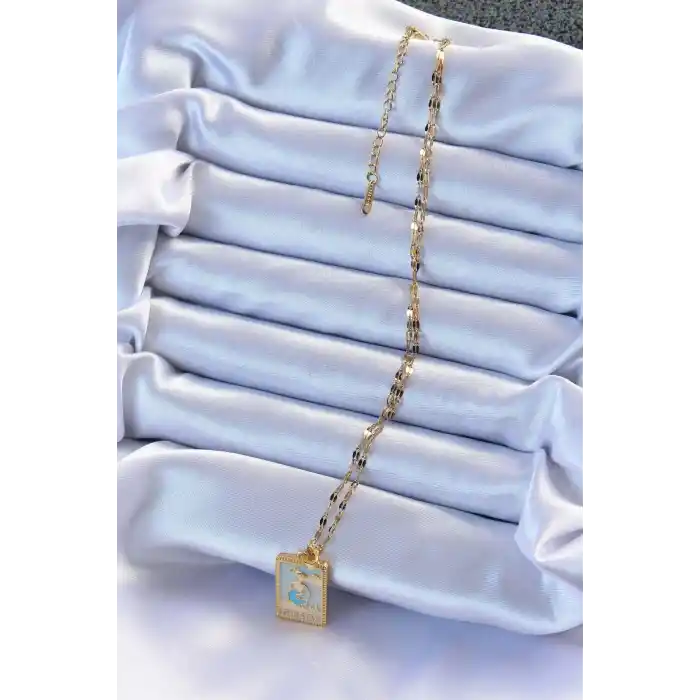 316L Çelik Zincir Altın Renk Mavi Mineli Tarot Kolye