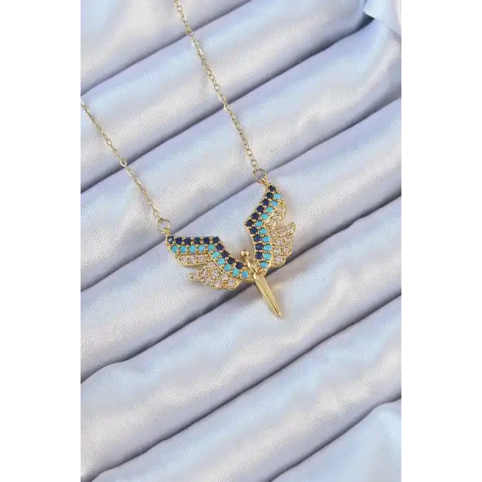 316L Çelik Zincir Altın Renk Mavi Zirkon Taşlı Mikail Meleği Kolye