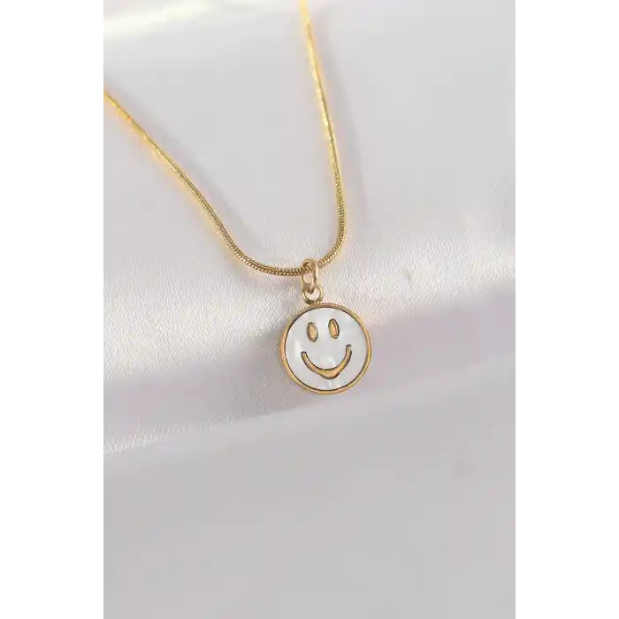 316L Çelik Zincir Altın Renk Mermer Desenli Minimal Smile Kolye