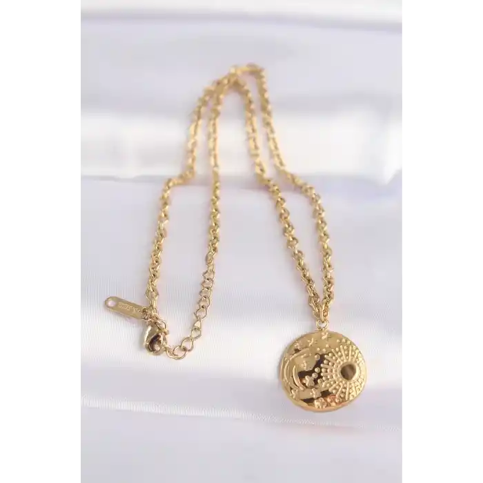 316L Çelik Zincir Altın Renk Oval Desenli Kolye