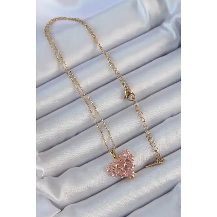 316L Çelik Zincir Altın Renk Pembe Parçalı Zirkon Taşlı Kalp Kolye