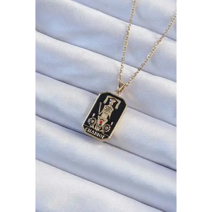 316L Çelik Zincir Altın Renk Siyah Mineli Tarot Kolye