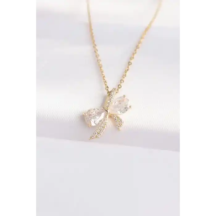 316L Çelik Zincir Altın Renk Zirkon Taşlı Fiyonk Kolye