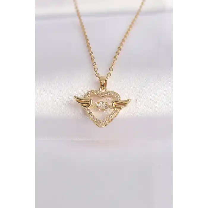 316L Çelik Zincir Altın Renk Zirkon Taşlı Kanatlı Kalp Kolye