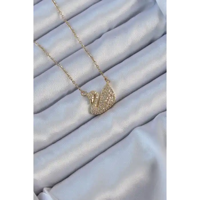 316L Çelik Zincir Altın Renk Zirkon Taşlı Kuğu Kolye