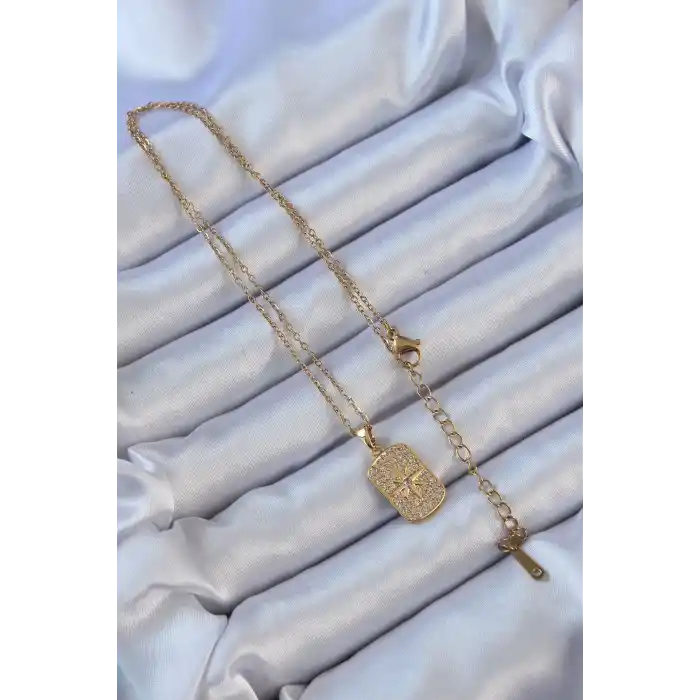 316L Çelik Zincir Altın Renk Zirkon Taşlı Kutup Yıldızlı Vintage Kolye