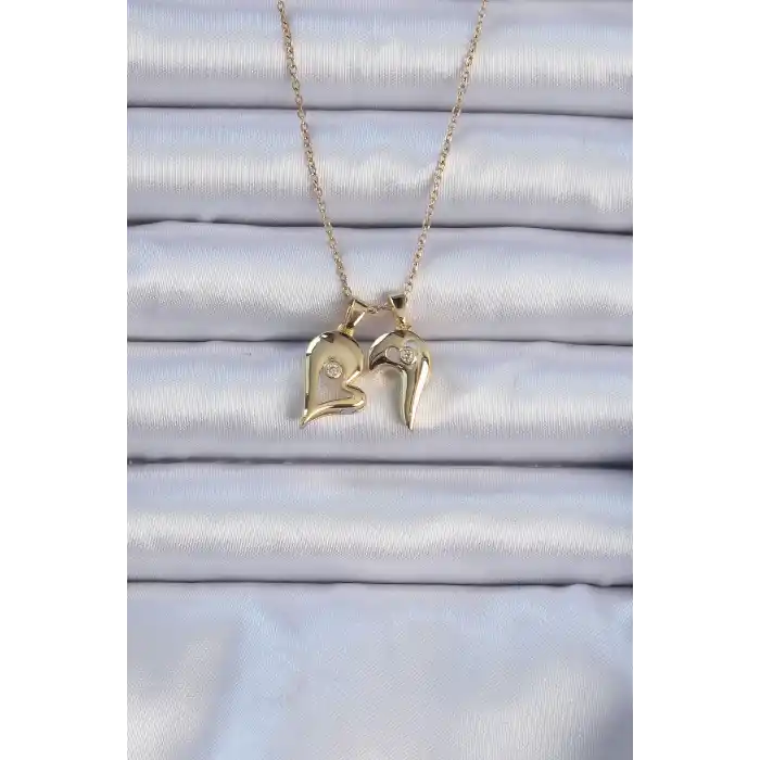 316L Çelik Zincir Altın Renk Zirkon Taşlı Mıknatıslı Kalp Kolye