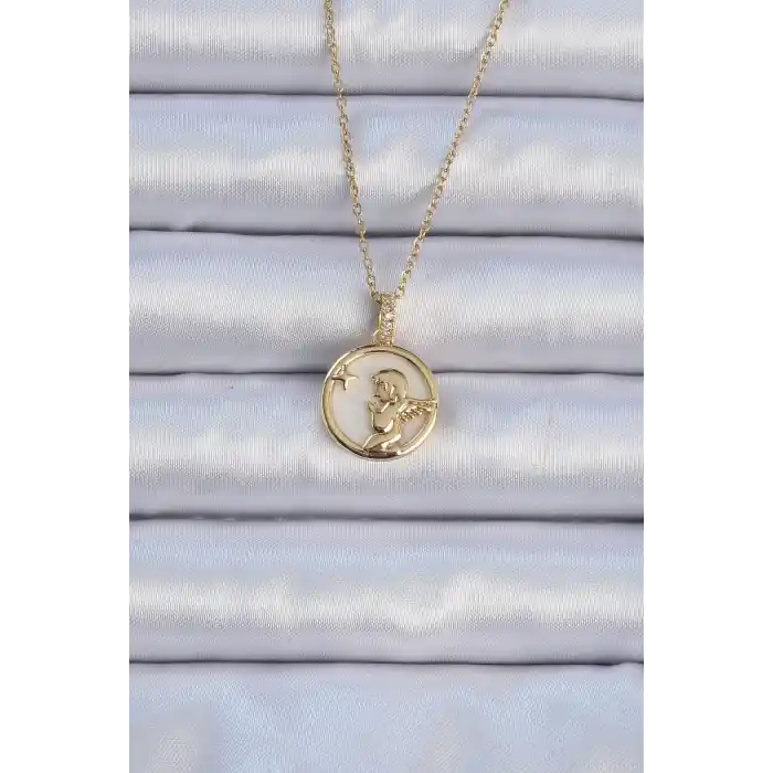 316L Çelik Zincir Altın Renk Zirkon Taşlı Mineli Melek Kolye