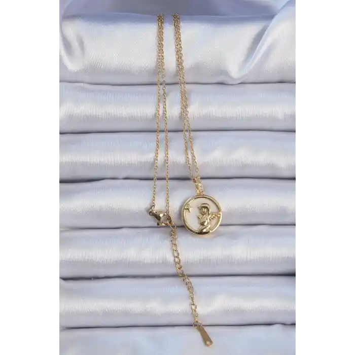 316L Çelik Zincir Altın Renk Zirkon Taşlı Mineli Melek Kolye