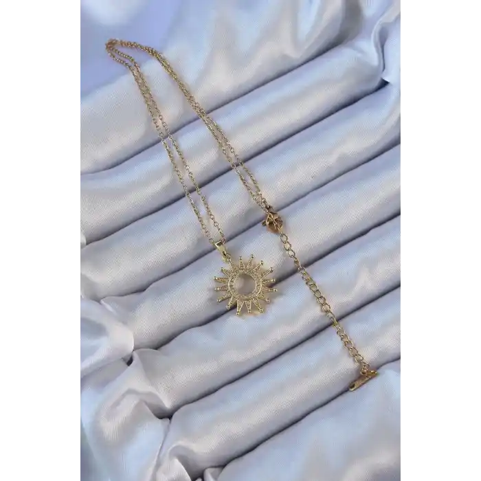 316L Çelik Zincir Altın Renk Zirkon Taşlı Parlayan Güneş Kolye