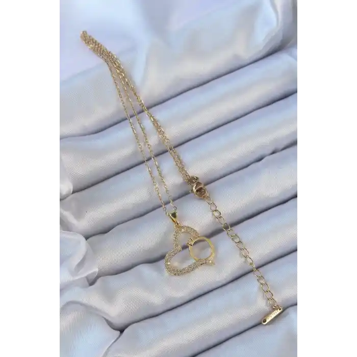 316L Çelik Zincir Altın Renk Zirkon Taşlı Yüzüklü Kalp Kolye