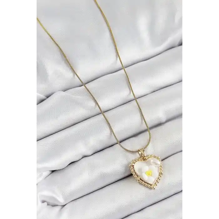 316L Çelik Zincir Beyaz Sanatsal Portre İnci Detaylı Papatya Figürlü Kalp Model Gold Renk Kadın Kolye