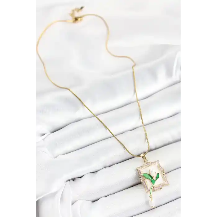 316L Çelik Zincir Beyaz Sanatsal Portre Sallantılı İnci Detaylı Lale Model Gold Renk Kadın Kolye