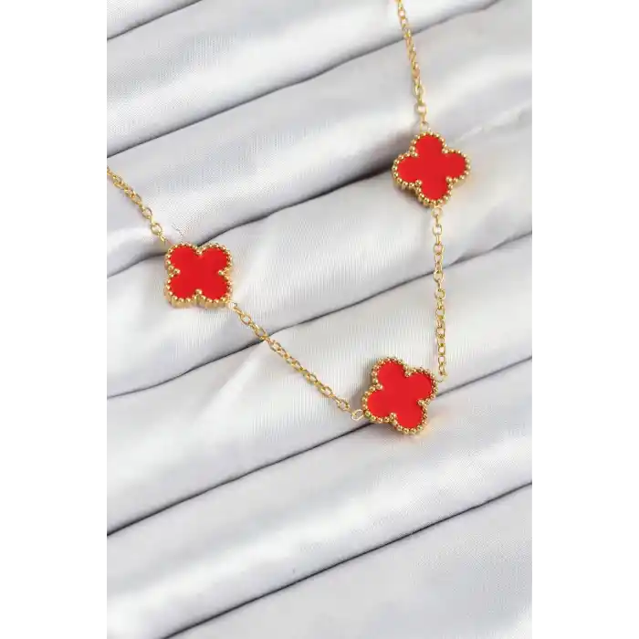 316L Çelik Zincir Gold Kırmızı Renk Yonca Kadın Kolye