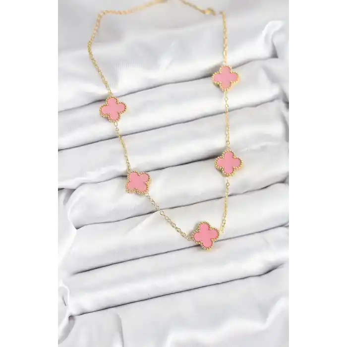 316L Çelik Zincir Gold Pembe Renk Yonca Kadın Kolye
